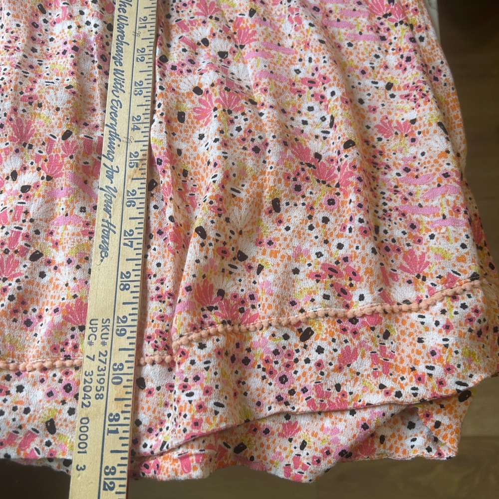 Poupette St Barth Mini Dress M Pink Orange Floral Fringe Pintuck V-Neck Boho - Picture 8 of 8